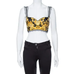 Versace Black Baroque Print Silk Bralette Top S For Women