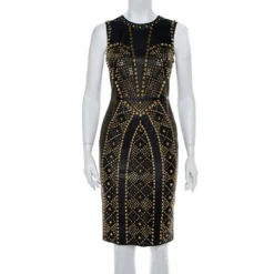 Versace Black Leather Metal Embellished Sheath Dress S For Women