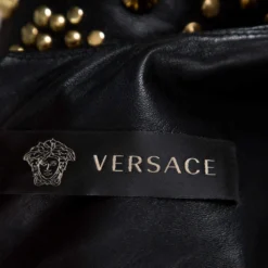 Versace Black Leather Metal Embellished Sheath Dress S For Women -Versace Official Website luxury women versace used clothes p368670 007