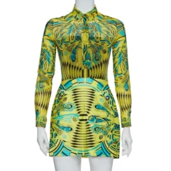 Versace Yellow Printed Silk Shirt & Cotton Mini Skirt Set S For Women