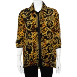 Versace Black & Yellow Printed Silk Double Collar Button Front Shirt L For Women