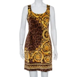 Versace Brown Animal And Baroque Print Velvet Sleeveless Sheath Dress M For Women