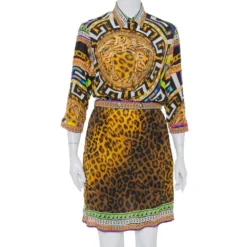 Versace Multicolor Multiprinted Silk Belted Button Front Mini Dress M For Women