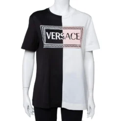 Versace Monochrome Cotton Logo Embroidered & Printed Crewneck T-Shirt M For Women