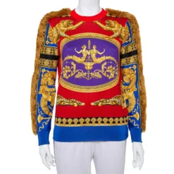 Versace Red & Blue Printed Cotton Fringed Detail Sweater XS For Women