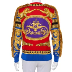 Versace Red & Blue Printed Cotton Fringed Detail Sweater XS For Women -Versace Official Website luxury women versace used clothes p415519 004