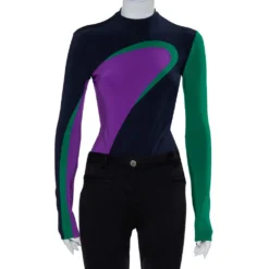 Versace Color Block Knit Long Sleeve High Neck Bodysuit S For Women