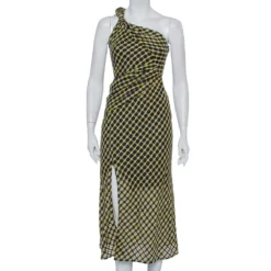 Versace Black & Yellow Wool Open Weave One Shoulder Midi Dress S For Women