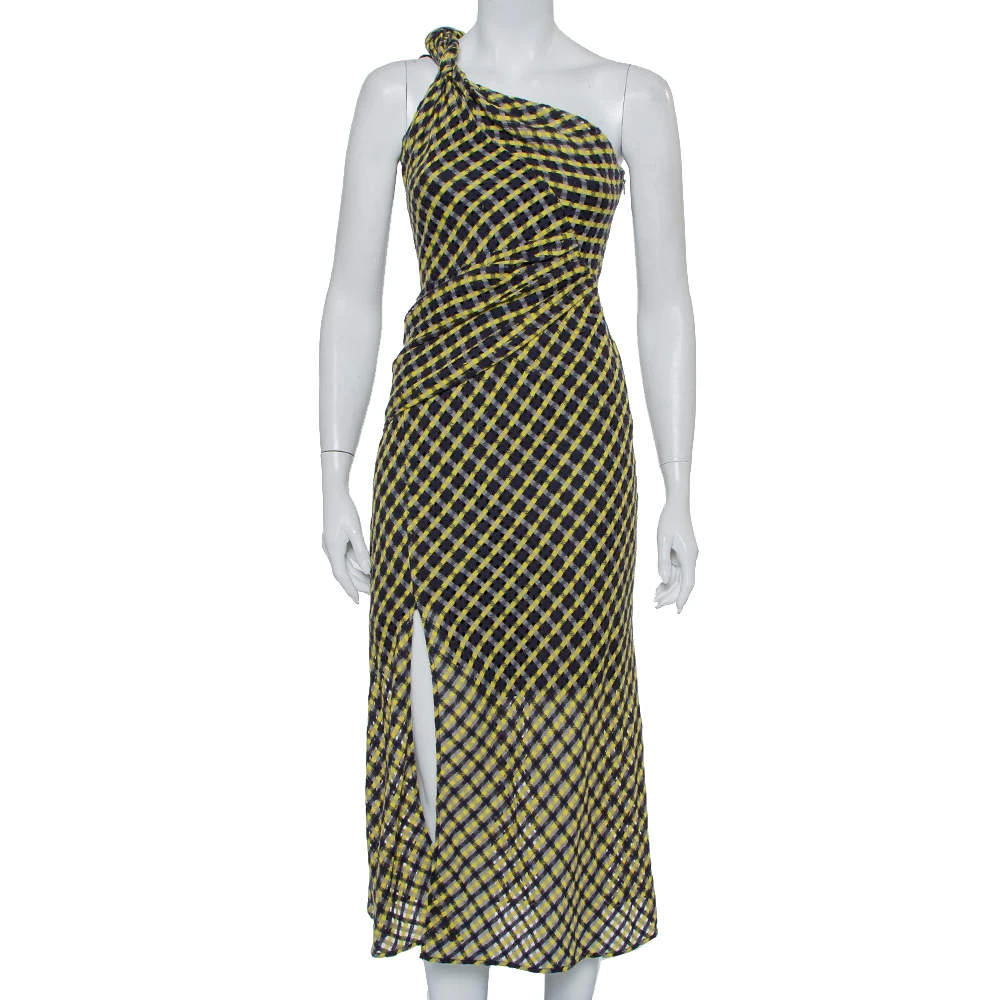 Versace Black & Yellow Wool Open Weave One Shoulder Midi Dress S For Women 1 Versace Black & Yellow Wool Open Weave One Shoulder Midi Dress S For Women