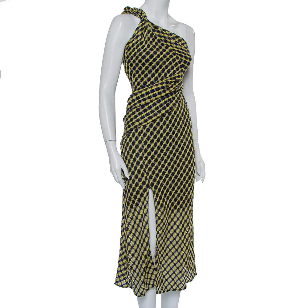 Versace Black & Yellow Wool Open Weave One Shoulder Midi Dress S For Women 2 Versace Black & Yellow Wool Open Weave One Shoulder Midi Dress S For Women - Image 2