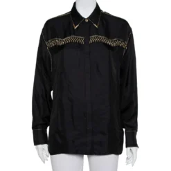 Versace Tribute Black & Gold Embellished Silk Button Front Shirt M For Women