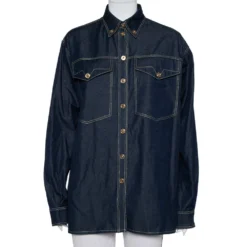 Versace Tribute Indigo Denim Gold Button Embellished Shirt M For Women