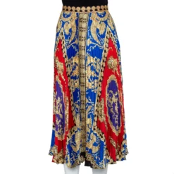 Versace Multicolored Printed Satin Pleated Midi Skirt L For Women