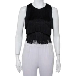 Versace Black Silk Fringed Sleeveless Crop Top S For Women