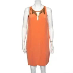 Versace Peach Pink Silk Embellished Neck Detail Sleeveless Shift Dress L For Women