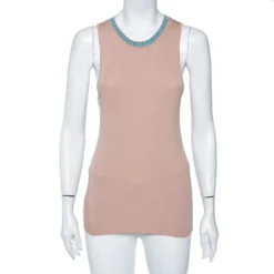 Versace Beige Knit Logo Neck Detail Tank Top L For Women