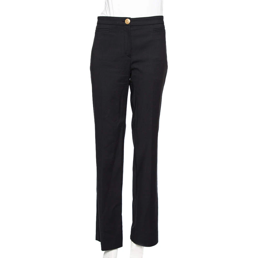 Versace Black Cotton Gold Logo Button Detail Formal Trousers L For Women 1 Versace Black Cotton Gold Logo Button Detail Formal Trousers L For Women