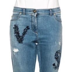 Versace Stone Washed Blue Cotton Logo Embroidered Jeans L For Women -Versace Official Website luxury women versace used clothes p487602 001