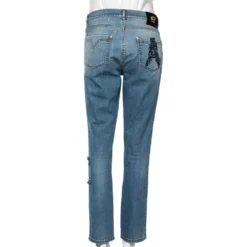Versace Stone Washed Blue Cotton Logo Embroidered Jeans L For Women -Versace Official Website luxury women versace used clothes p487602 005