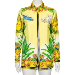 Versace Yellow Palm Tree Baroque Logo Printed Silk Shirt S For Women
