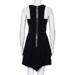 Versace Black Crepe Eyelet Leather Trim Detailed Sleeveless Short Dress S For Women -Versace Official Website luxury women versace used clothes p504170 007