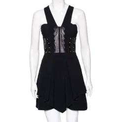 Versace Black Crepe Eyelet Leather Trim Detailed Sleeveless Short Dress S For Women