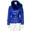 Versace Collection Blue Down Quilted & Fur Trimmed Belted Jacket M For Women