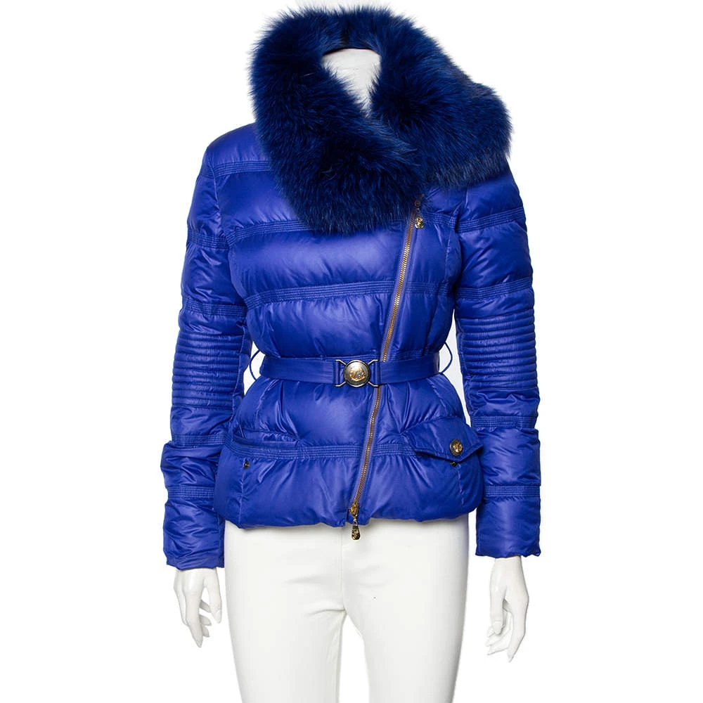 Versace Collection Blue Down Quilted & Fur Trimmed Belted Jacket M For Women 1 Versace Collection Blue Down Quilted & Fur Trimmed Belted Jacket M For Women