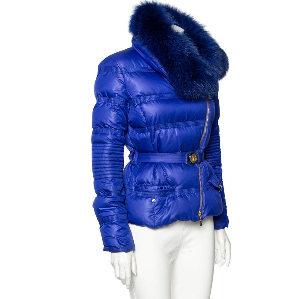 Versace Collection Blue Down Quilted & Fur Trimmed Belted Jacket M For Women 2 Versace Collection Blue Down Quilted & Fur Trimmed Belted Jacket M For Women - Image 2