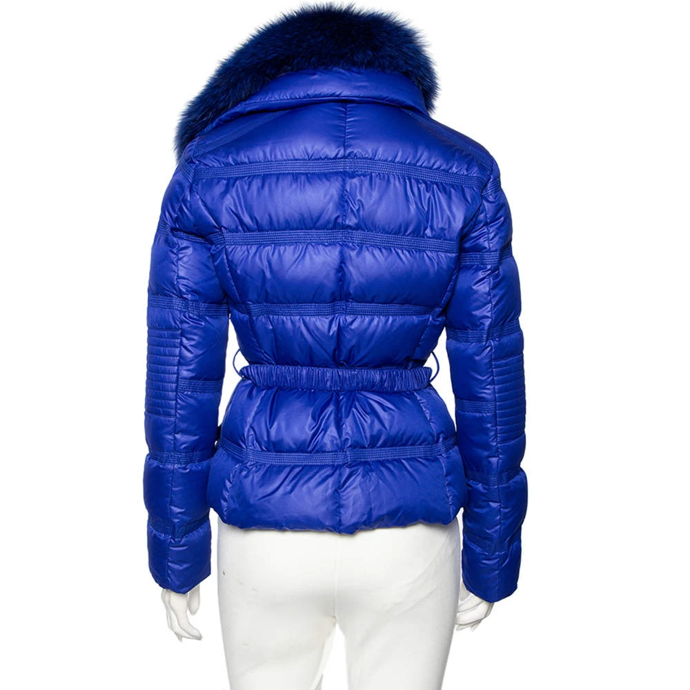 Versace Collection Blue Down Quilted & Fur Trimmed Belted Jacket M For Women 3 Versace Collection Blue Down Quilted & Fur Trimmed Belted Jacket M For Women - Image 3