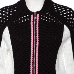 Versace Monochrome Open Knit Contrast Trim Zip Front Sweater M For Women 11 Versace Monochrome Open Knit Contrast Trim Zip Front Sweater M For Women -Versace Official Website luxury women versace used clothes p525252 007
