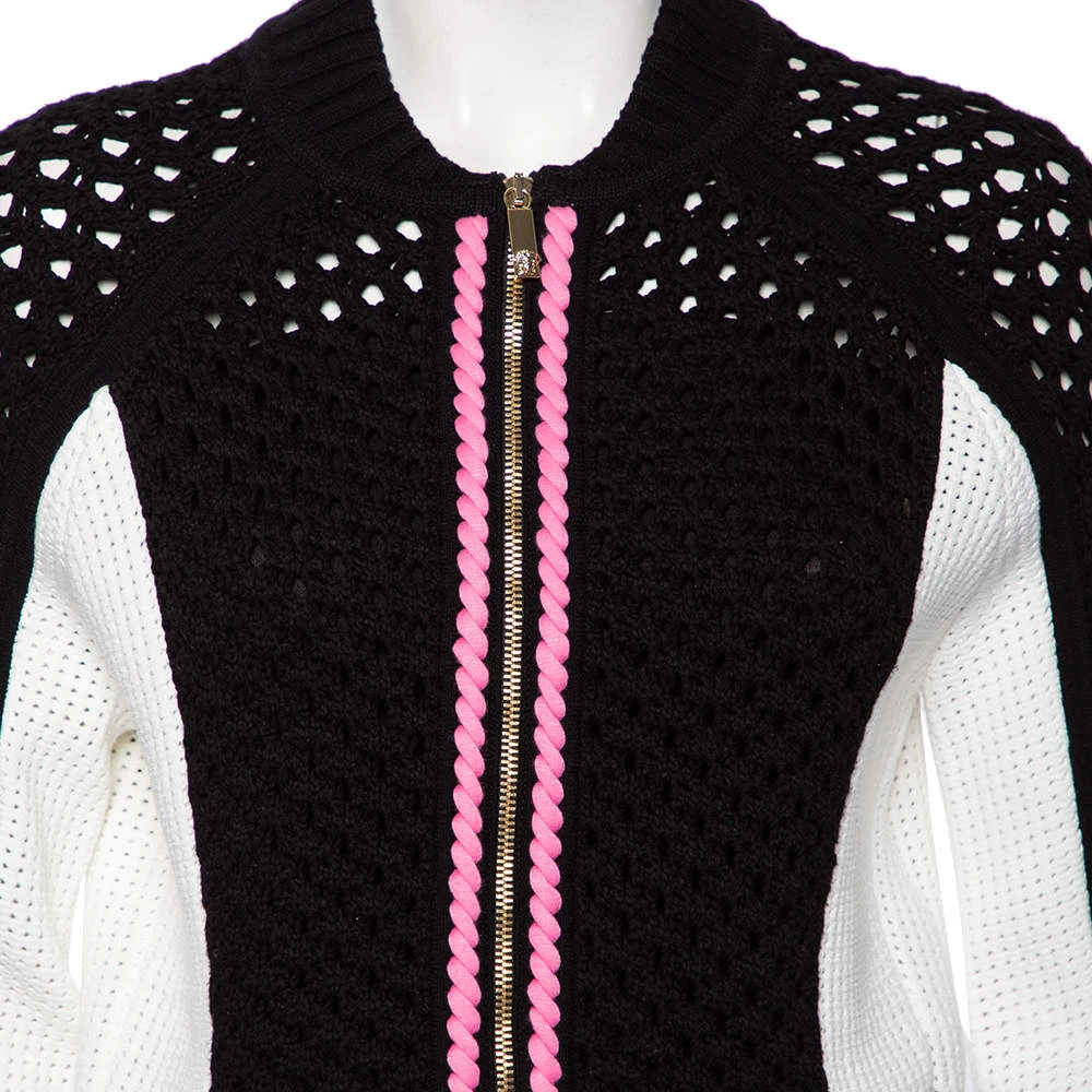 Versace Monochrome Open Knit Contrast Trim Zip Front Sweater M For Women 4 Versace Monochrome Open Knit Contrast Trim Zip Front Sweater M For Women - Image 4