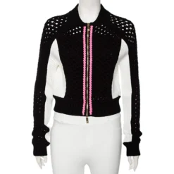 Versace Monochrome Open Knit Contrast Trim Zip Front Sweater M For Women