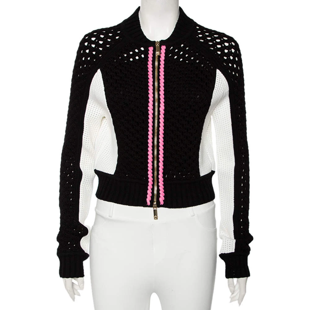 Versace Monochrome Open Knit Contrast Trim Zip Front Sweater M For Women 1 Versace Monochrome Open Knit Contrast Trim Zip Front Sweater M For Women