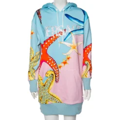 Versace Multicolor Embellished Logo Star Fish Printed Cotton Hooded Sweater Dress S For Women