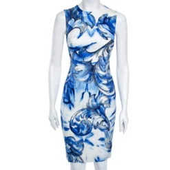 Versace Official Website 7 Versace Collection Blue Leaf Print Crepe Sleeveless Dress XS For Women