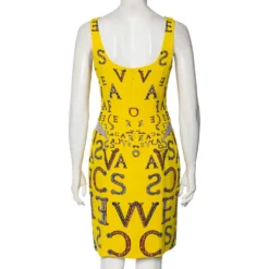 Versace Yellow Printed Silk Leather Trim Detailed Bodycon Dress S For Women -Versace Official Website luxury women versace used clothes p560620 004