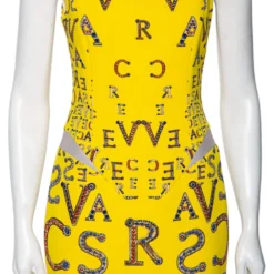 Versace Yellow Printed Silk Leather Trim Detailed Bodycon Dress S For Women -Versace Official Website luxury women versace used clothes p560620 006
