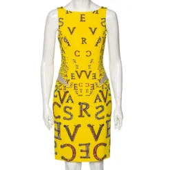 Versace Yellow Printed Silk Leather Trim Detailed Bodycon Dress S For Women