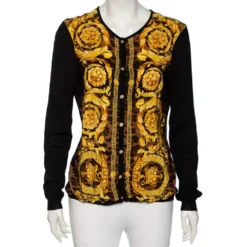 Versace Wool Knit & Baroque Printed Silk Paneled Button Front Cardigan L For Women