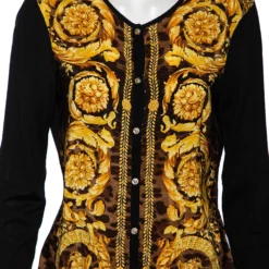 Versace Wool Knit & Baroque Printed Silk Paneled Button Front Cardigan L For Women -Versace Official Website luxury women versace used clothes p567965 008