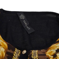 Versace Wool Knit & Baroque Printed Silk Paneled Button Front Cardigan L For Women -Versace Official Website luxury women versace used clothes p567965 010