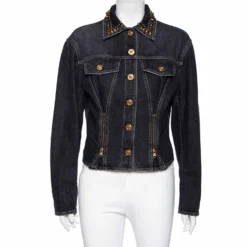 Versace Charcoal Grey Denim Rockstud Detail Button Front Jacket M For Women