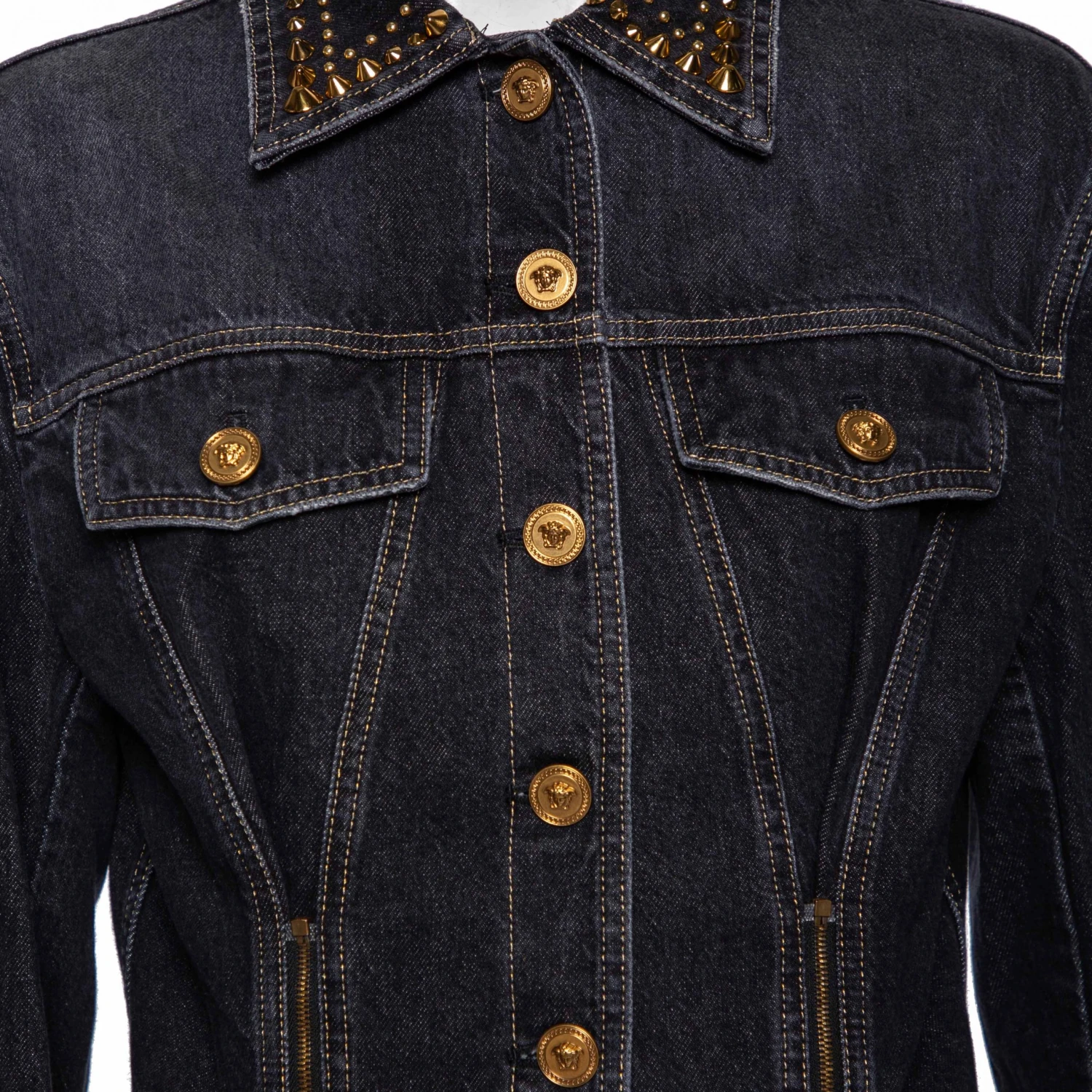 Versace Charcoal Grey Denim Rockstud Detail Button Front Jacket M For Women 4 Versace Charcoal Grey Denim Rockstud Detail Button Front Jacket M For Women - Image 4