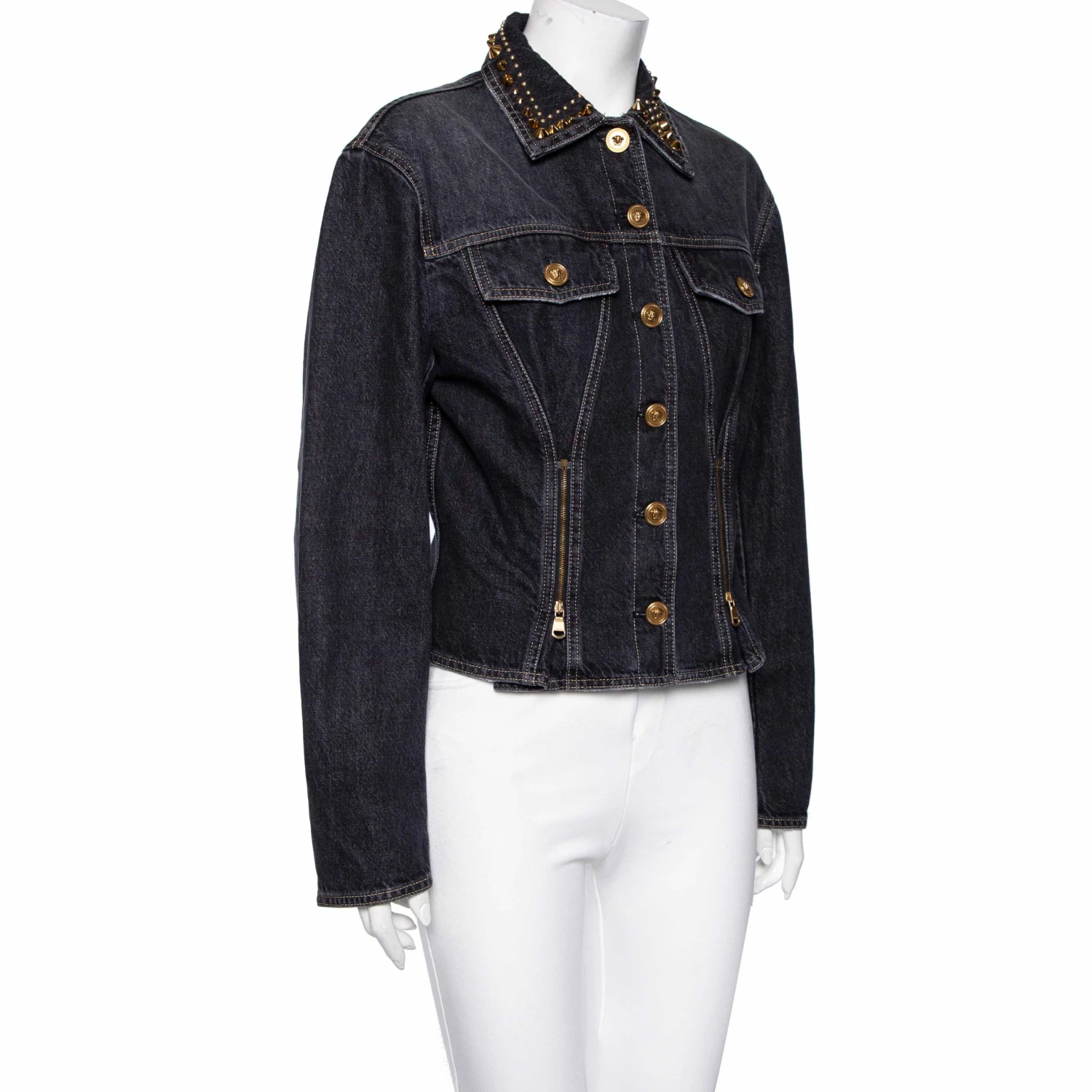 Versace Charcoal Grey Denim Rockstud Detail Button Front Jacket M For Women 2 Versace Charcoal Grey Denim Rockstud Detail Button Front Jacket M For Women - Image 2