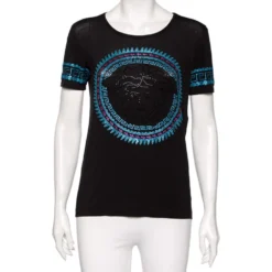 Versace Black Stretch Knit Medusa Embellished T-Shirt S For Women