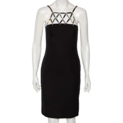 Versace Black Silk Crepe & Metal Chain Detailed Dress S For Women