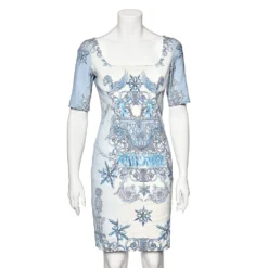 Versace Blue Baroque Printed Crepe Sheath Dress M For Women