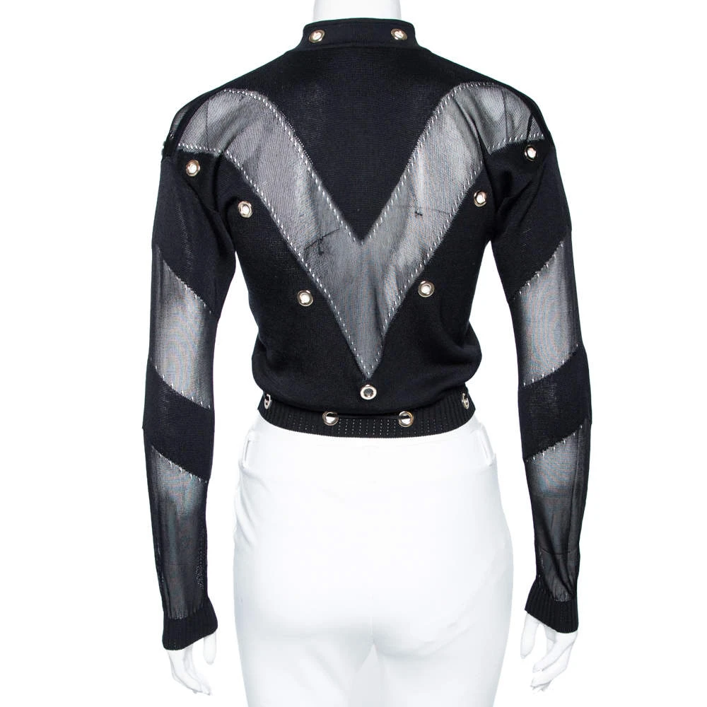 Versace Black & Gold Eyelet Detail Knit Zip Front Jacket S For Women 3 Versace Black & Gold Eyelet Detail Knit Zip Front Jacket S For Women - Image 3