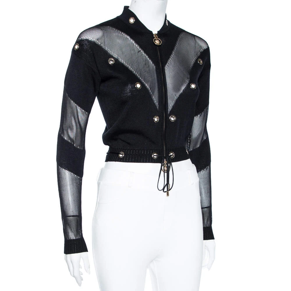 Versace Black & Gold Eyelet Detail Knit Zip Front Jacket S For Women 2 Versace Black & Gold Eyelet Detail Knit Zip Front Jacket S For Women - Image 2